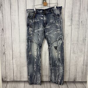 AKOO Men's W42 x L34 Blue Bleached Delinquent Denim Jeans Hip-Hop Y2K Streetwear